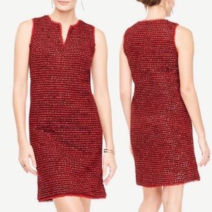Ann Taylor Fringe Tweed Sleeveless Shift Dress Red Metallic Sz 6 Holiday Xmas